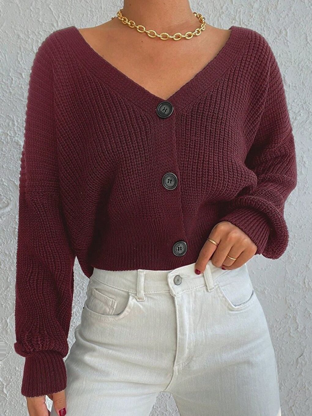 Bordo Kadın Uzun Kollu üç Düğmeli Triko Hırka-4