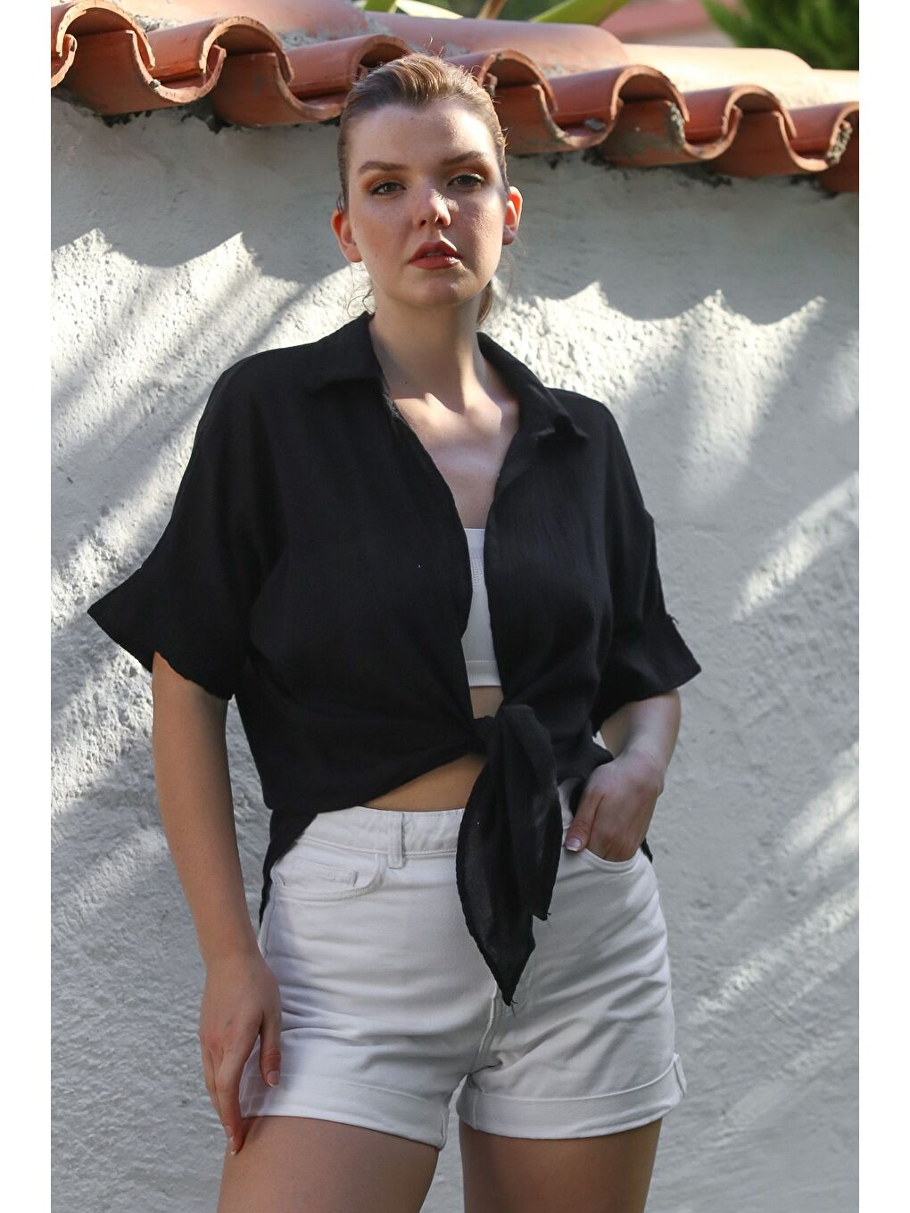 Siyah Gömlek Yaka Kısa Kol Kapamasız Yıkamalı Casual Dokuma Gömlek 62 67-5