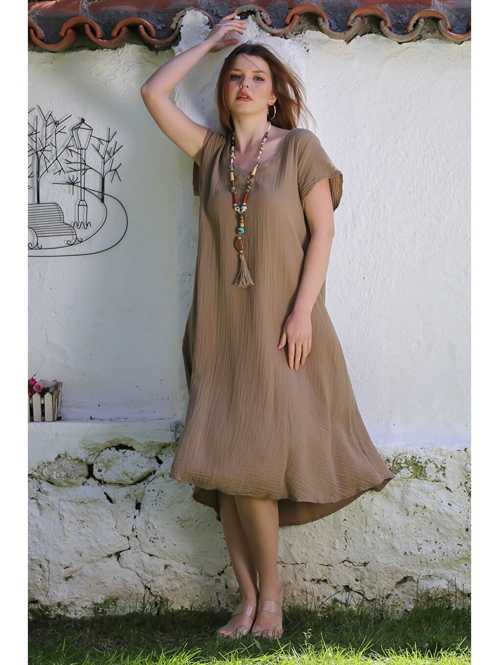Kahverengi Açık Kahve V Yaka Düşük Kol Casual Müslin Dokuma Elbise Kloş Etek 115 63-3