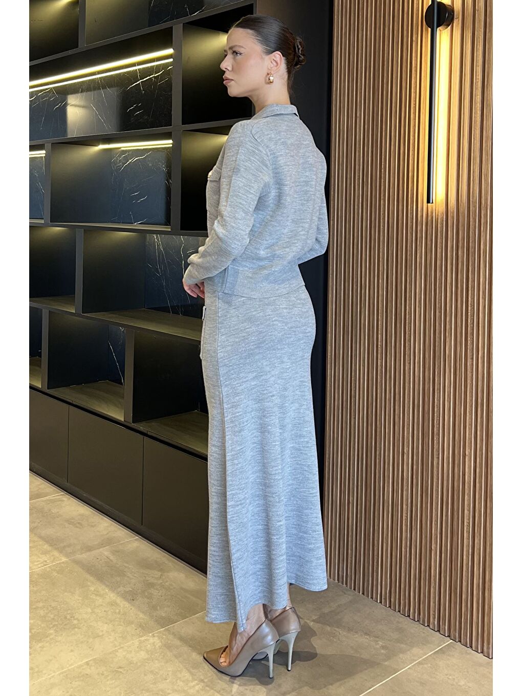 Gri Düğme Detaylı Hırka Etek Triko İkili Takım-2