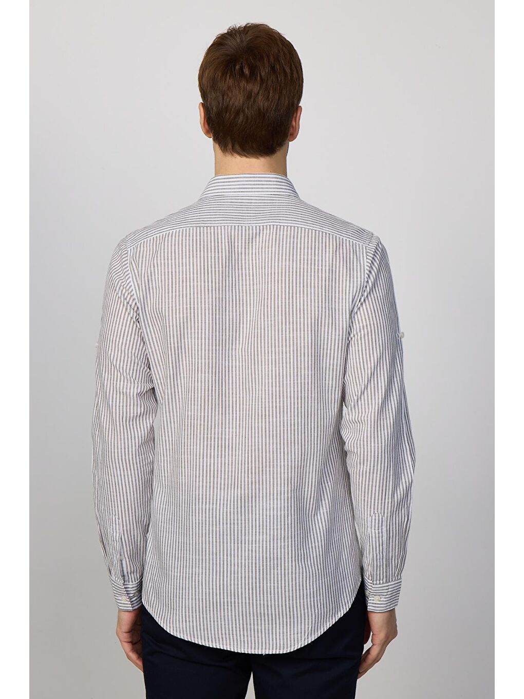 Karışık Erkek Slim Fit Dar Kesim Uzun Kollu %100 Pamuk Keten Doku Çizgili Gömlek-4
