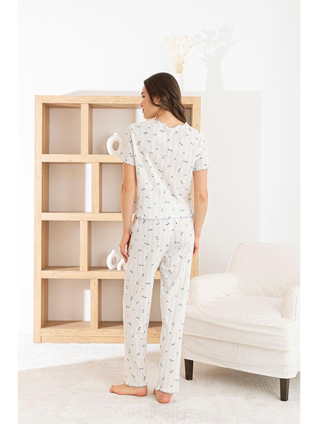 Mavi Kadın %100 Pamuk Kurdele/Fiyonklu Kısa Kollu Fitilli Kaliteli Örme Pijama Takımı-2