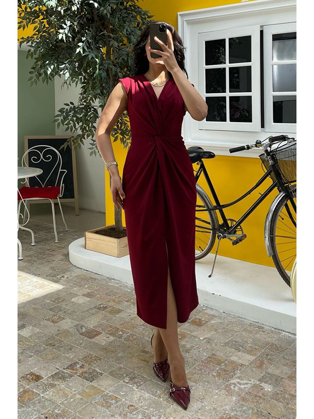 Bordo Yırtmaç Detaylı Kruvaze Yaka Kadın Elbise Mg2417