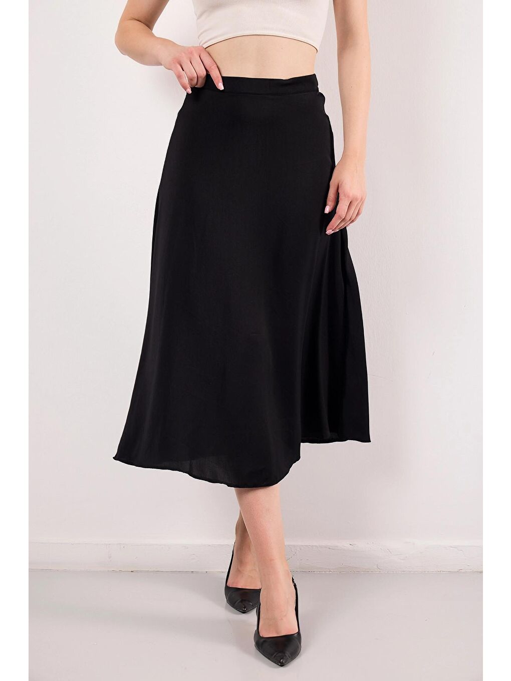 Siyah Fermuar Kapamalı Normal Bel Midi Boy Çan Etek-2