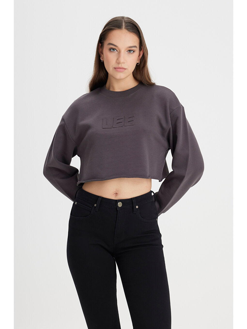 Bisiklet Yaka %100 Pamuk Siyah Crop Sweatshirt-1