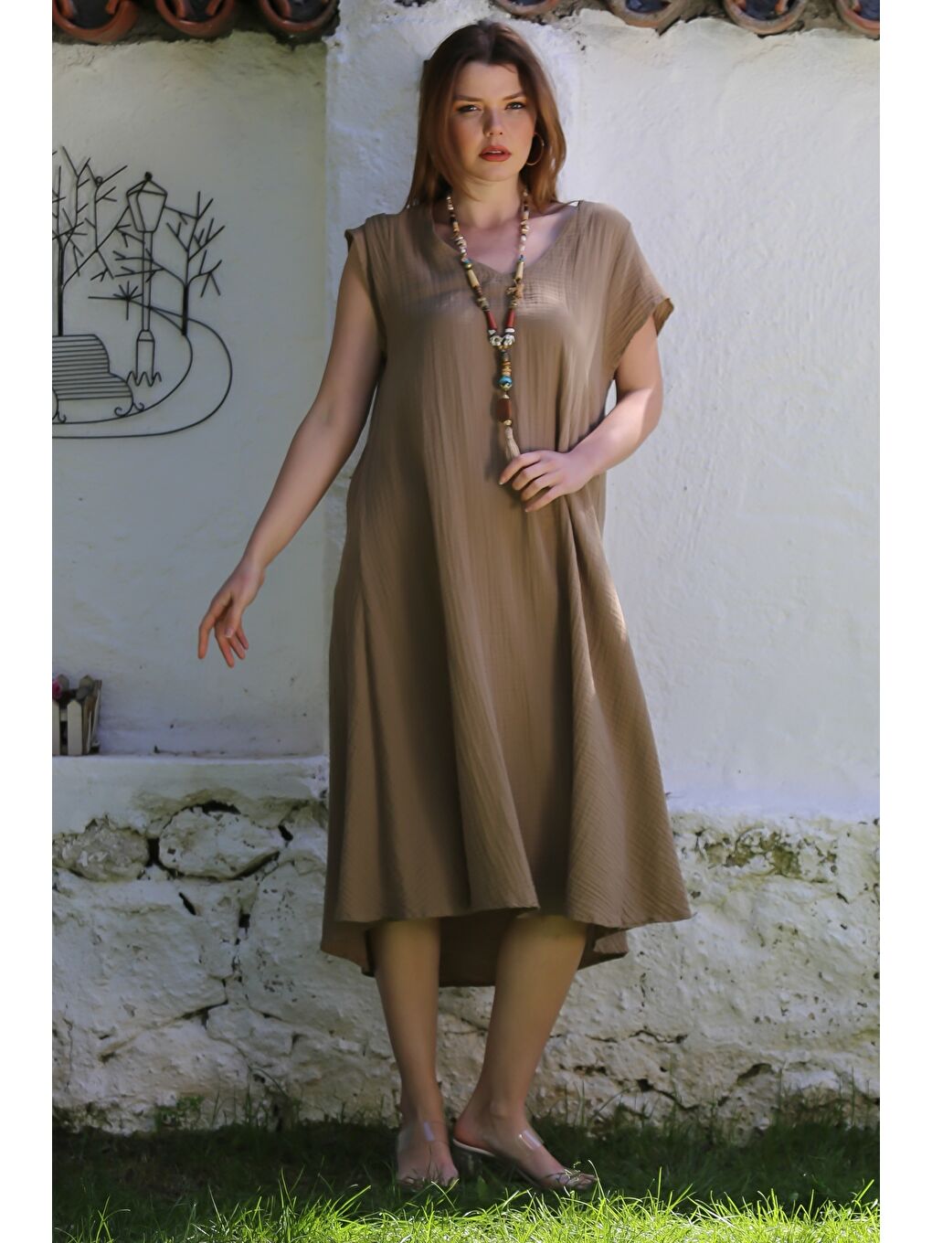 Kahverengi Açık Kahve V Yaka Düşük Kol Casual Müslin Dokuma Elbise Kloş Etek 115 63-4