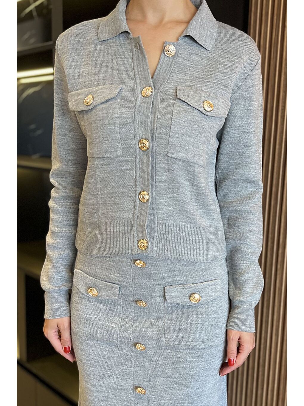 Gri Düğme Detaylı Hırka Etek Triko İkili Takım-3