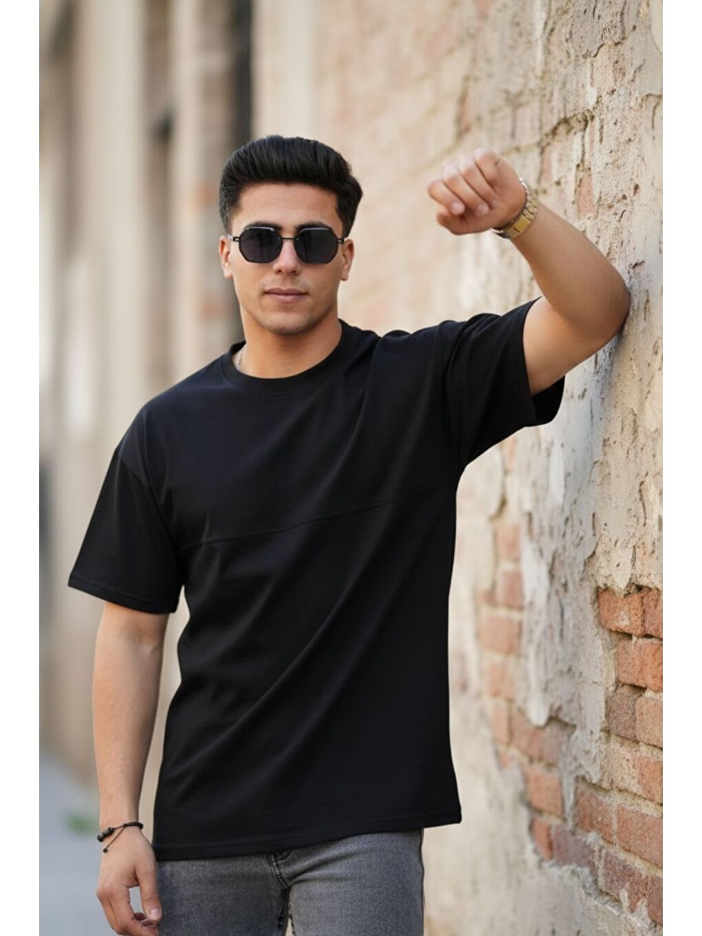 Siyah Oversize Dikiş İzli T-Shirt-2