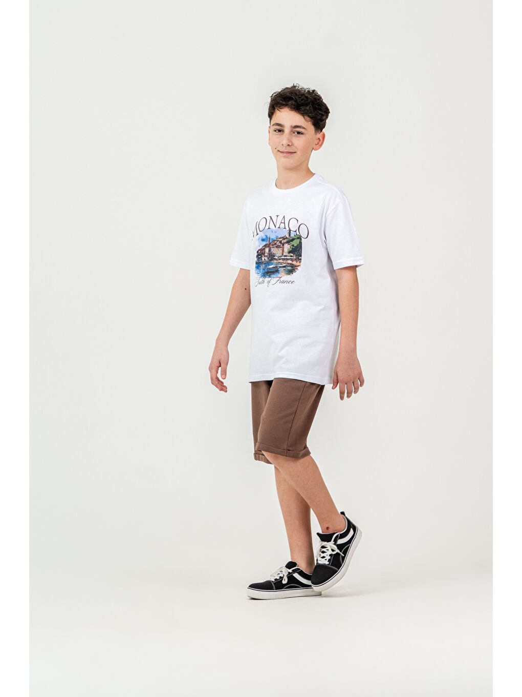 Kahverengi Ön Orta Baskılı Duble Paçalı Erkek Çocuk Şort - Tişört Takımı-2