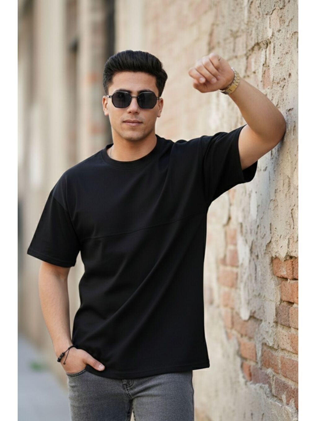 Siyah Oversize Dikiş İzli T-Shirt-3