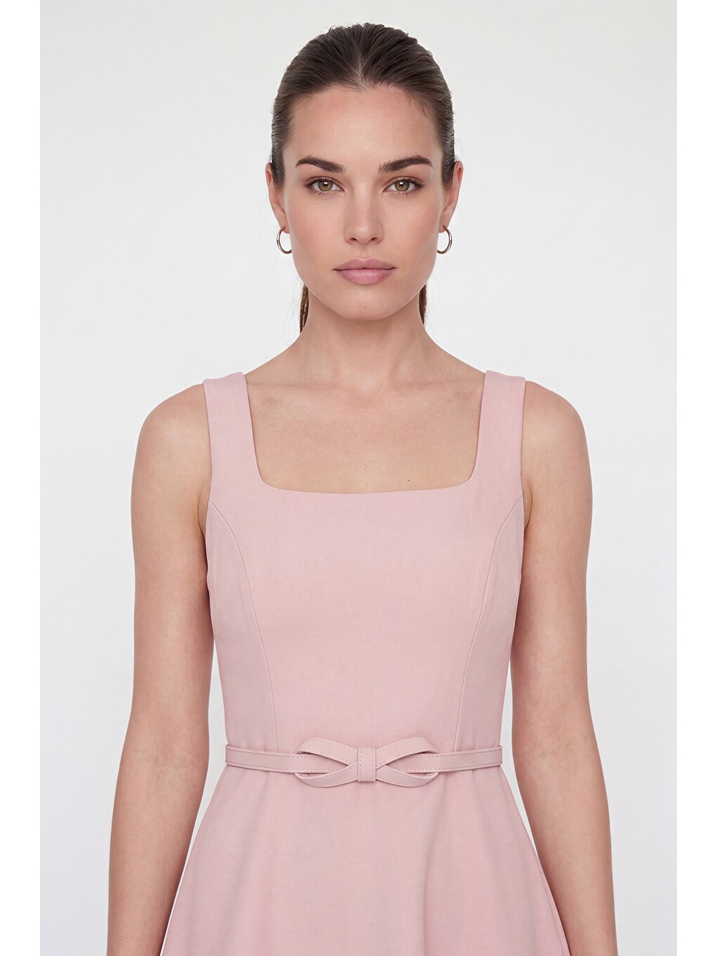 Pembe Kadın Pudra Kare Yaka Kemerli Mini Mezuniyet Abiye Elbise-2