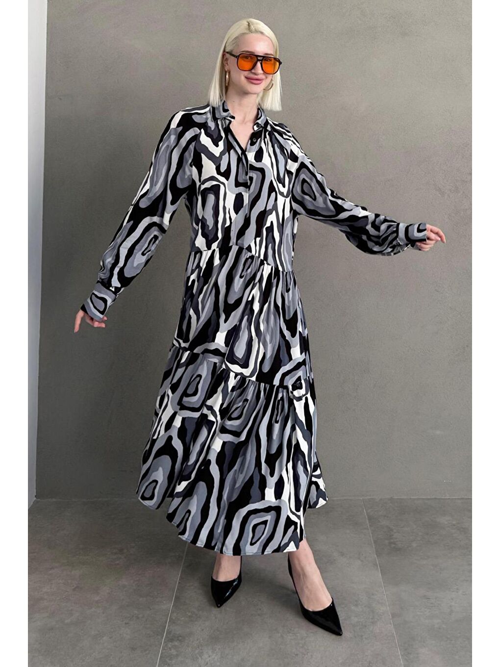 Gri Uzun Kollu Düğmeli Desenli Elbise Mg2430