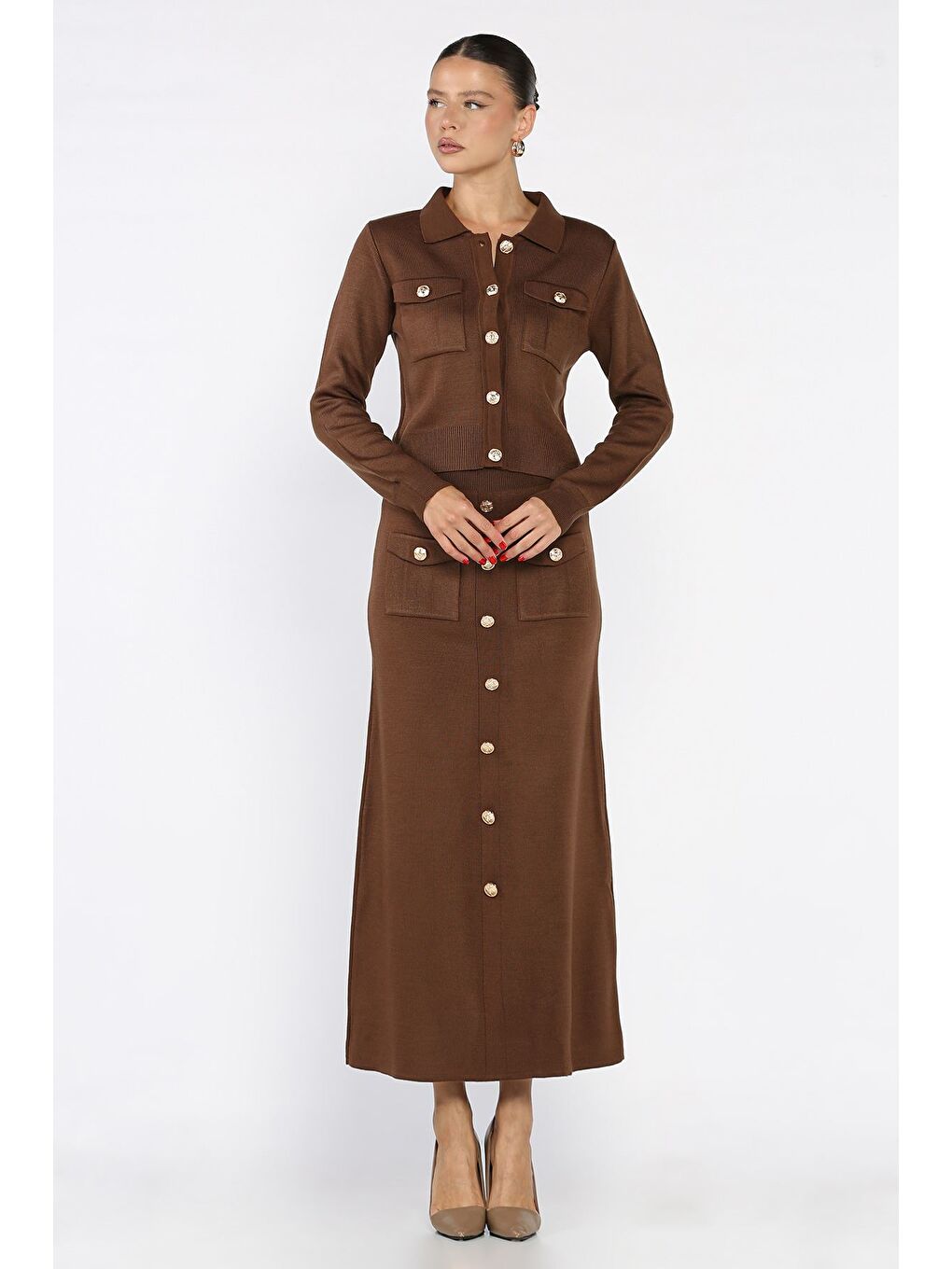 Kahverengi Düğme Detaylı Hırka Etek Triko İkili Takım-1