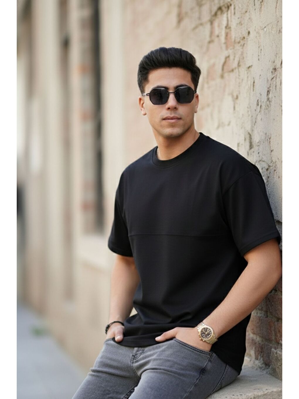 Siyah Oversize Dikiş İzli T-Shirt-4