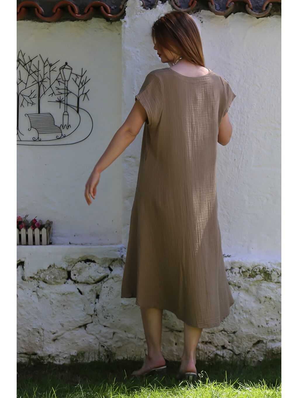 Kahverengi Açık Kahve V Yaka Düşük Kol Casual Müslin Dokuma Elbise Kloş Etek 115 63-5