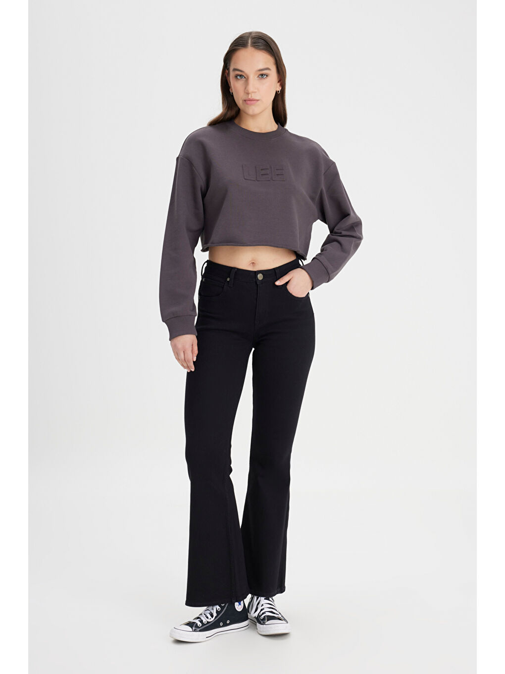 Bisiklet Yaka %100 Pamuk Siyah Crop Sweatshirt-2