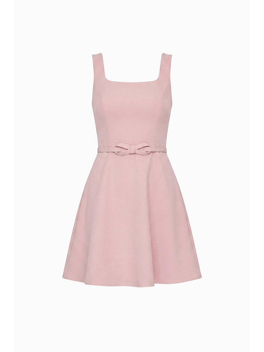 Pembe Kadın Pudra Kare Yaka Kemerli Mini Mezuniyet Abiye Elbise-5