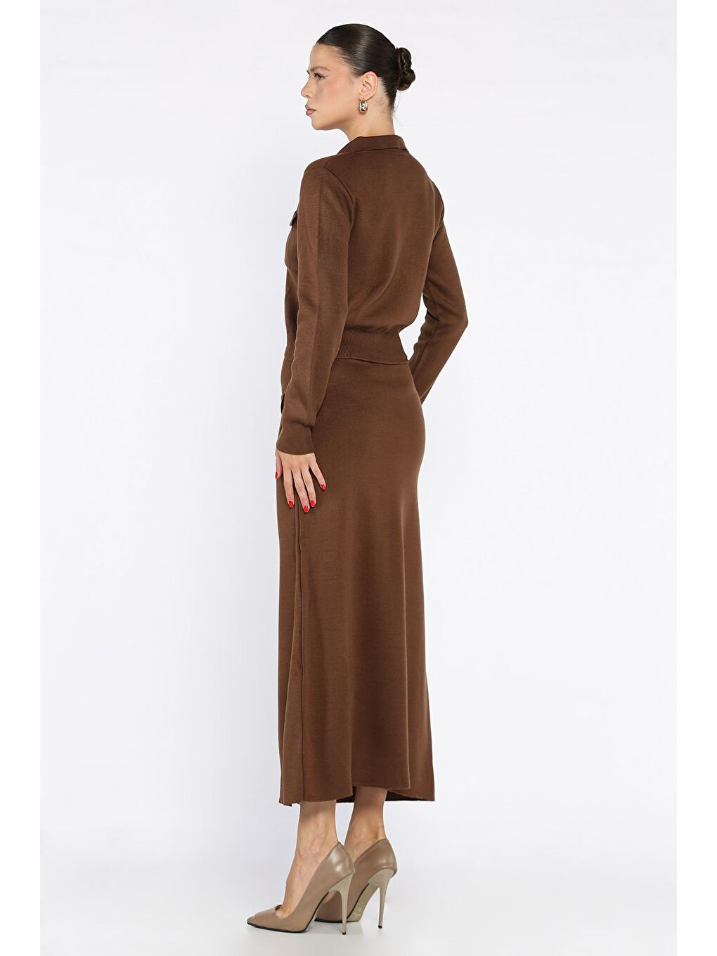 Kahverengi Düğme Detaylı Hırka Etek Triko İkili Takım-2