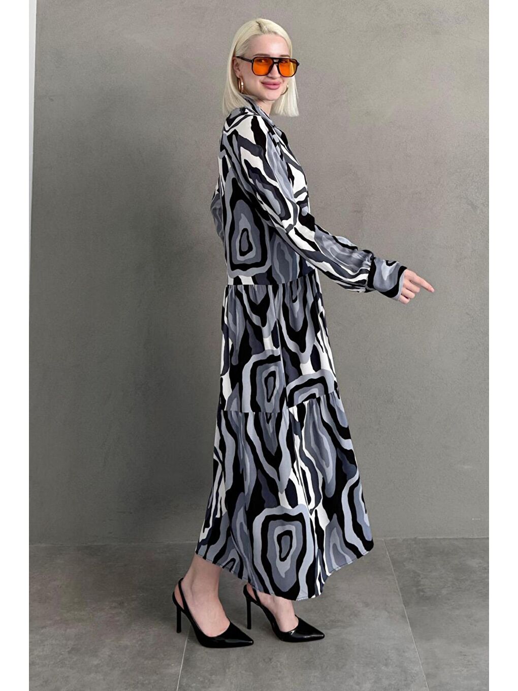 Gri Uzun Kollu Düğmeli Desenli Elbise Mg2430-3