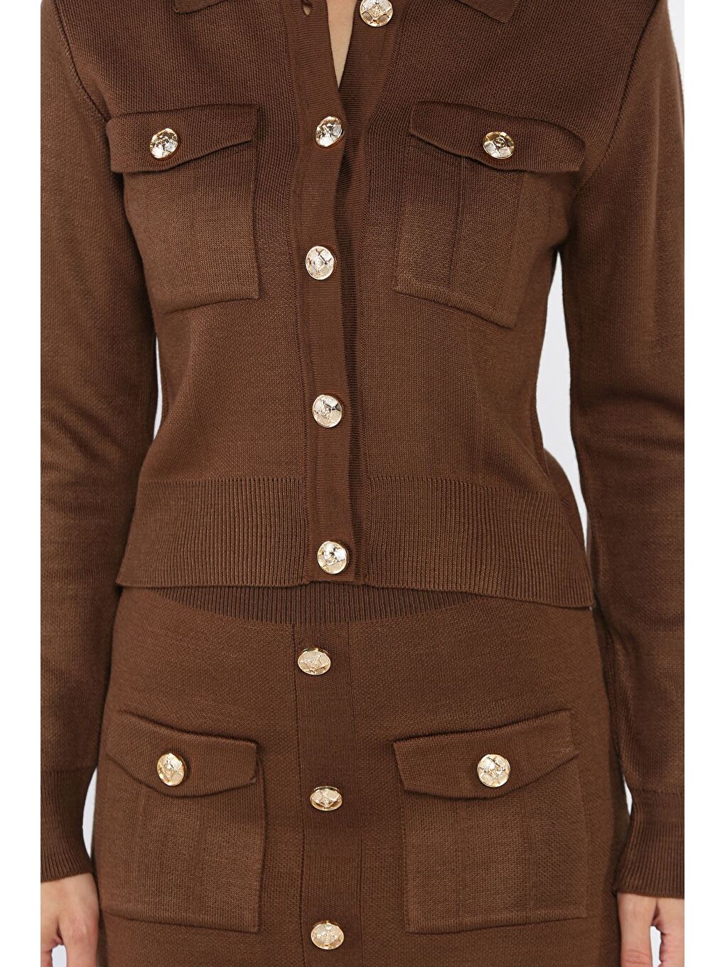 Kahverengi Düğme Detaylı Hırka Etek Triko İkili Takım-3