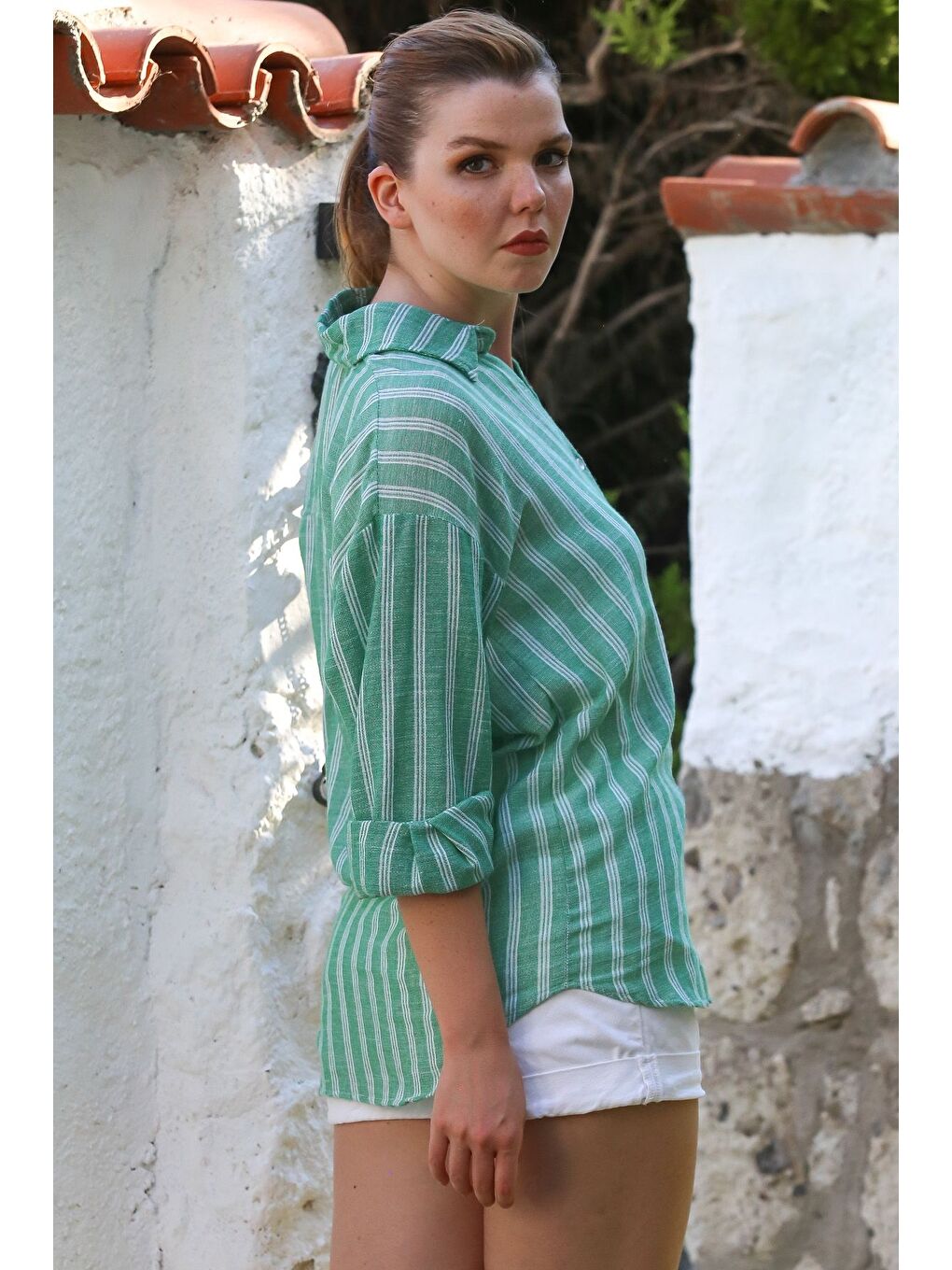 Yeşil Gömlek Yaka Uzun Kol Çizgili Düğmeli Yıkamalı Casual Dokuma Gömlek 70 56-7