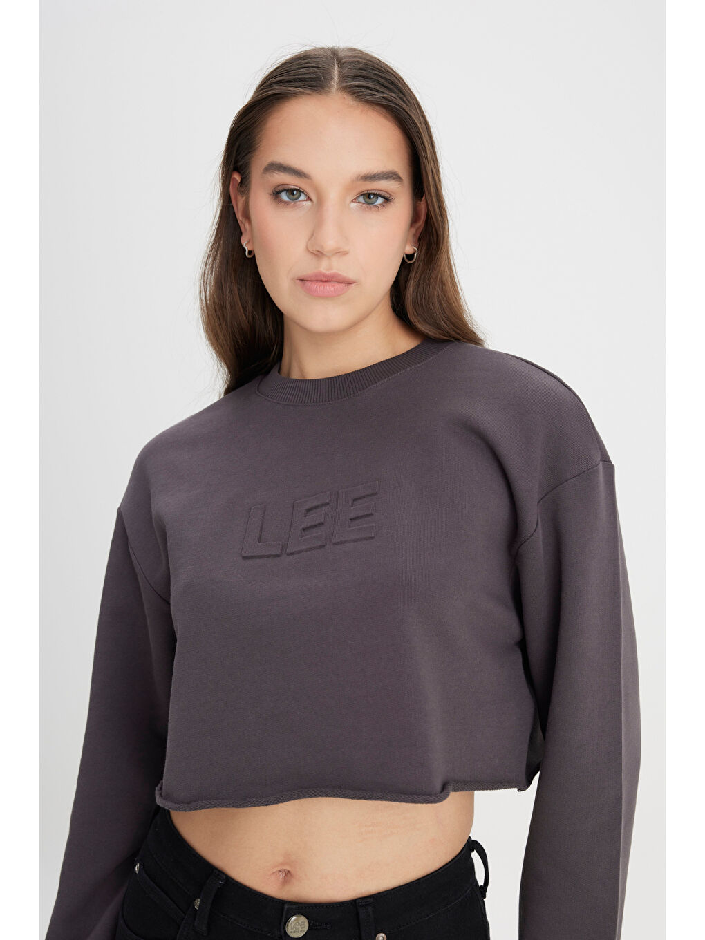 Bisiklet Yaka %100 Pamuk Siyah Crop Sweatshirt-3