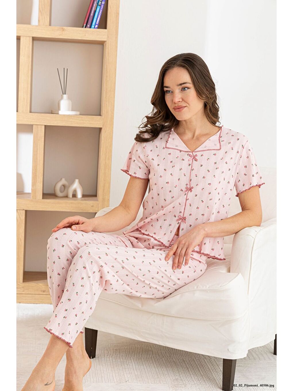 Pembe Kadın %100 Pamuk Kurdele/Fiyonklu Kısa Kollu Fitilli Kaliteli Örme Pijama Takımı