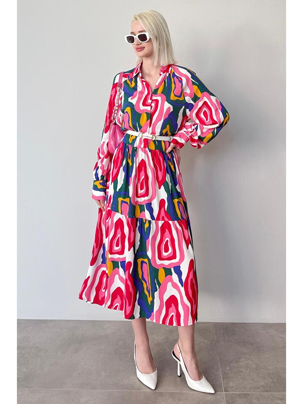 Pembe Uzun Kollu Düğmeli Desenli Elbise Mg2430-1