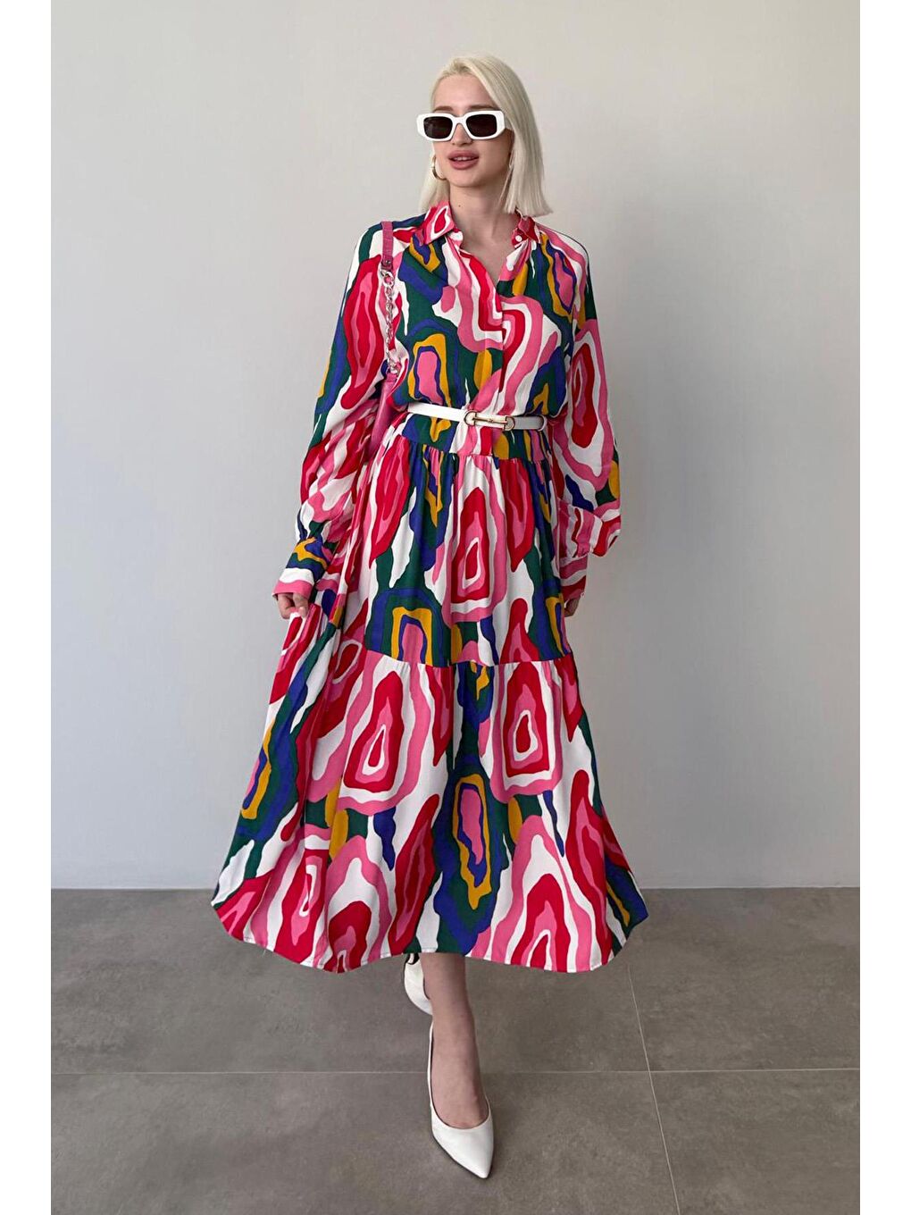 Pembe Uzun Kollu Düğmeli Desenli Elbise Mg2430-2