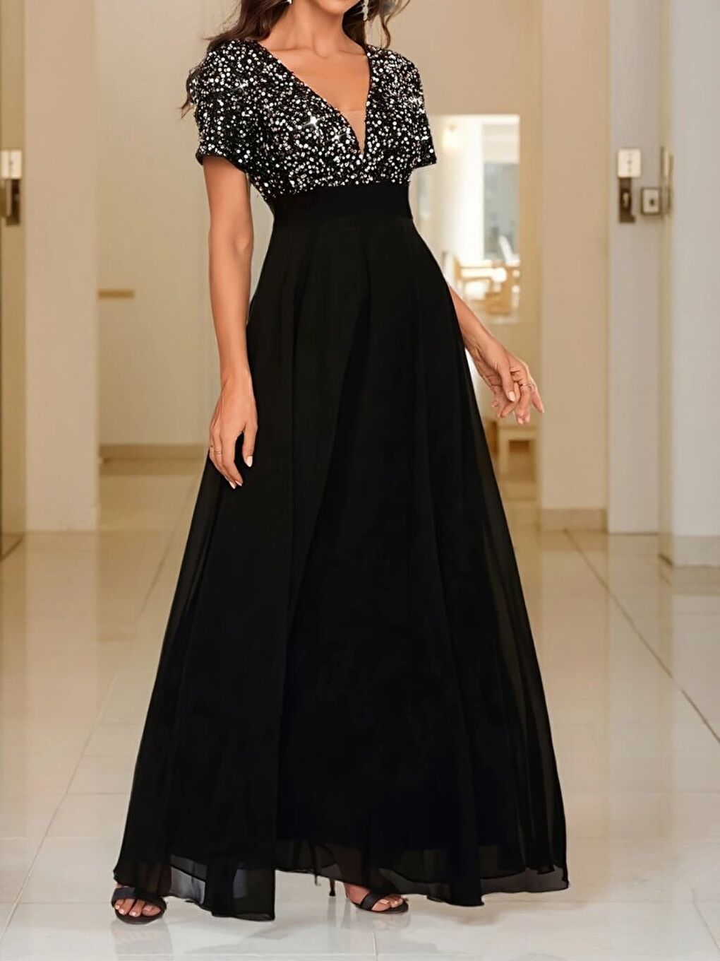 Siyah Kadın Kısa Kollu Derin V Yakalı A Kesim Pulpayet Detaylı şifon Nedime Elbisesi-1