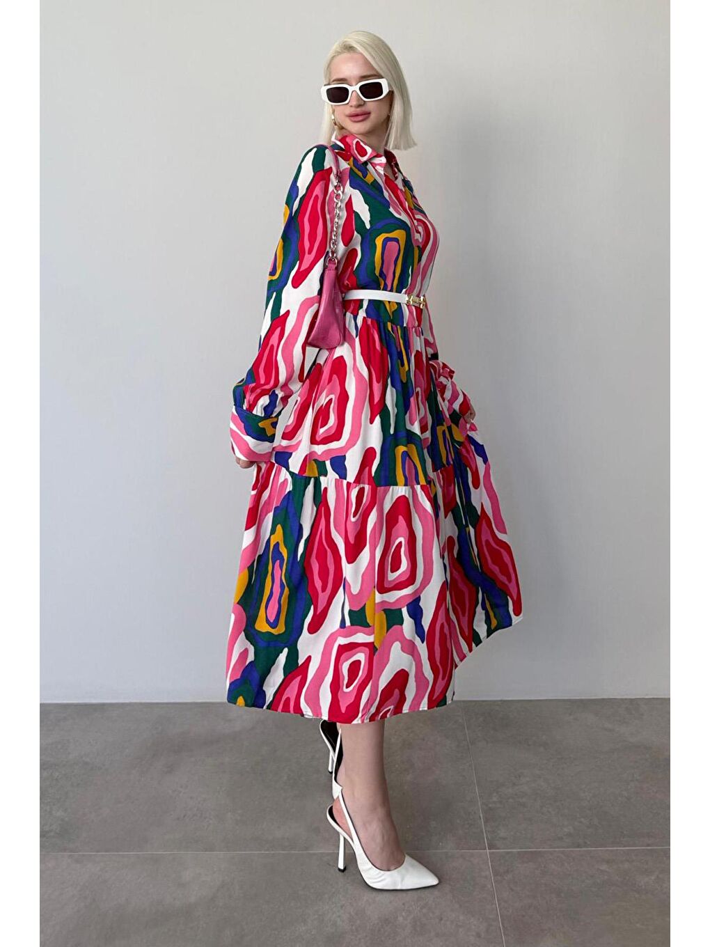 Pembe Uzun Kollu Düğmeli Desenli Elbise Mg2430-4