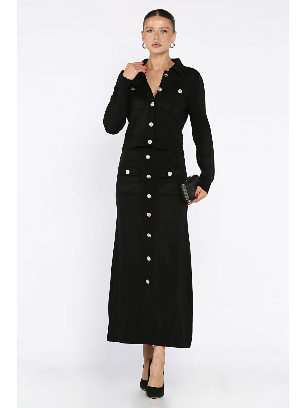 Siyah Düğme Detaylı Hırka Etek Triko İkili Takım