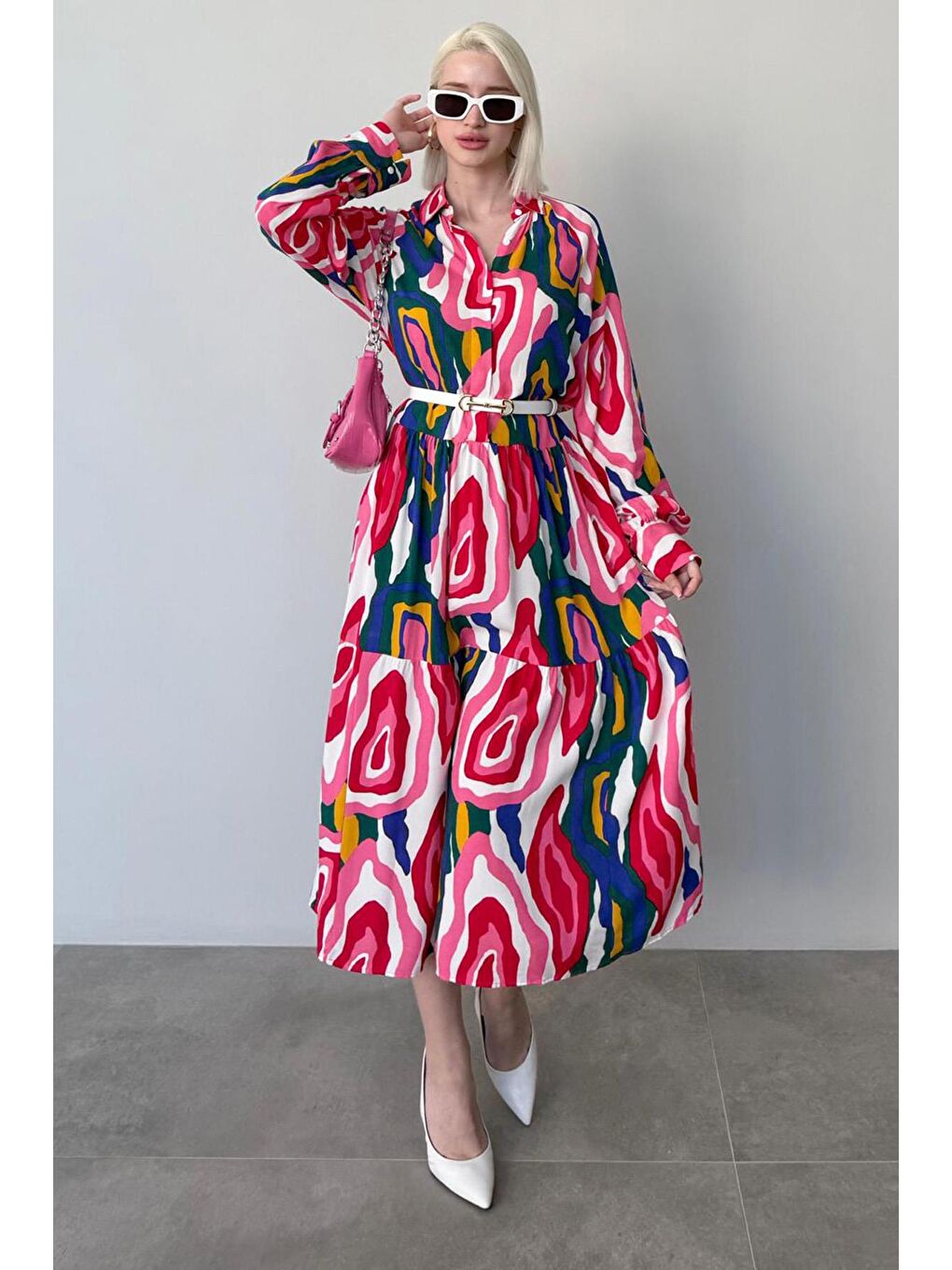 Pembe Uzun Kollu Düğmeli Desenli Elbise Mg2430-5