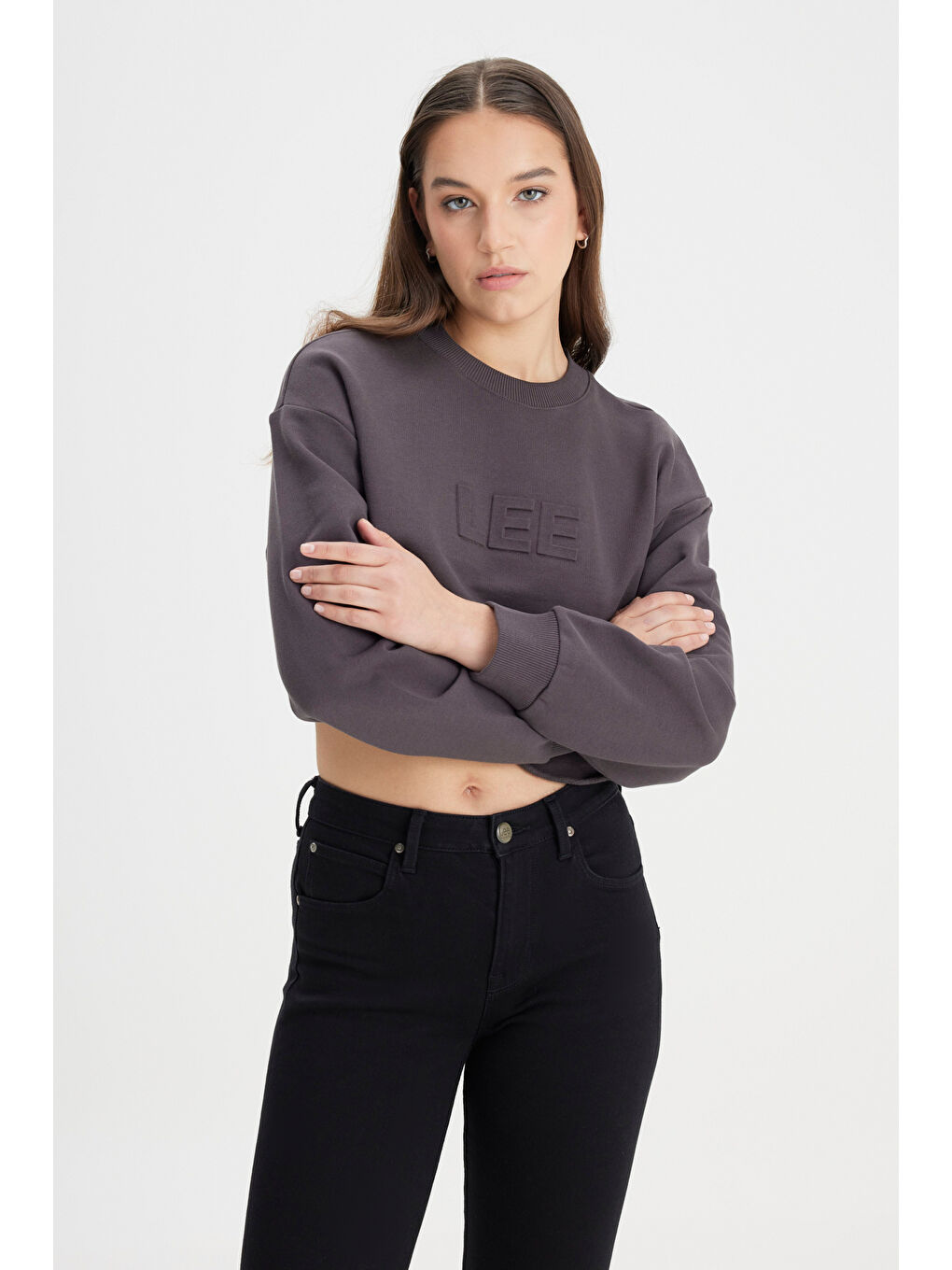 Bisiklet Yaka %100 Pamuk Siyah Crop Sweatshirt-4