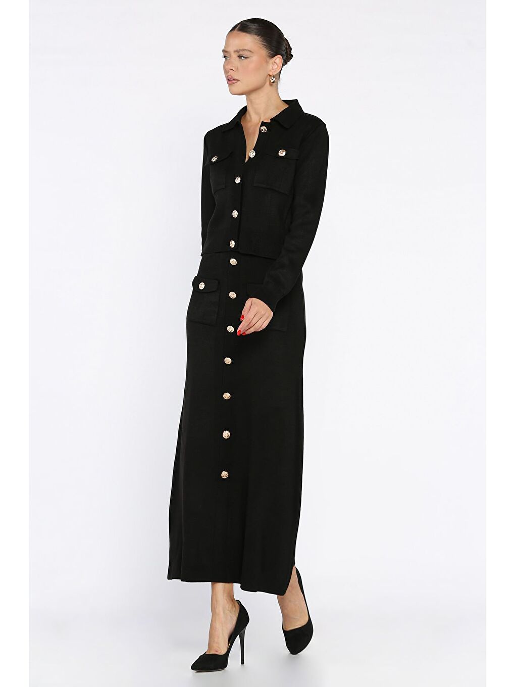 Siyah Düğme Detaylı Hırka Etek Triko İkili Takım-1