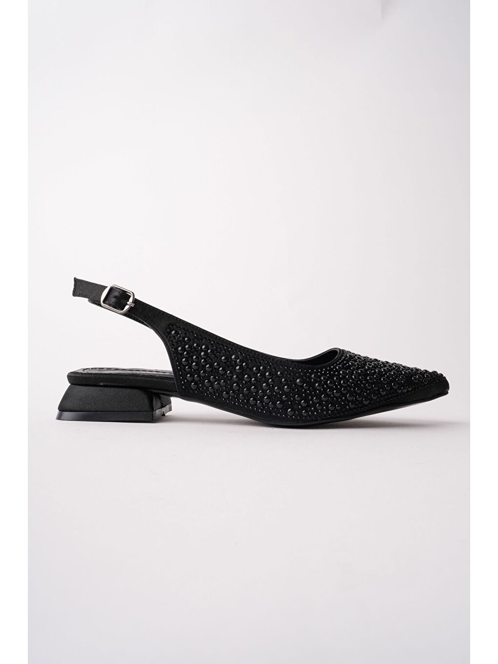 Siyah SYROS İnci Taş İşlemeli Sivri Burun Arkası Açık Kadın Topuklu Ayakkabı-1