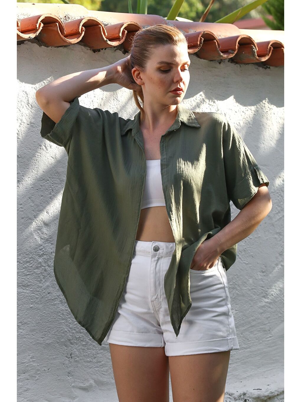 Haki Gömlek Yaka Kısa Kol Kapamasız Yıkamalı Casual Dokuma Gömlek 62 67