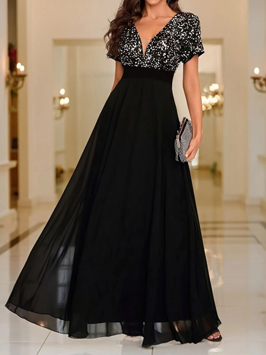 Siyah Kadın Kısa Kollu Derin V Yakalı A Kesim Pulpayet Detaylı şifon Nedime Elbisesi-2