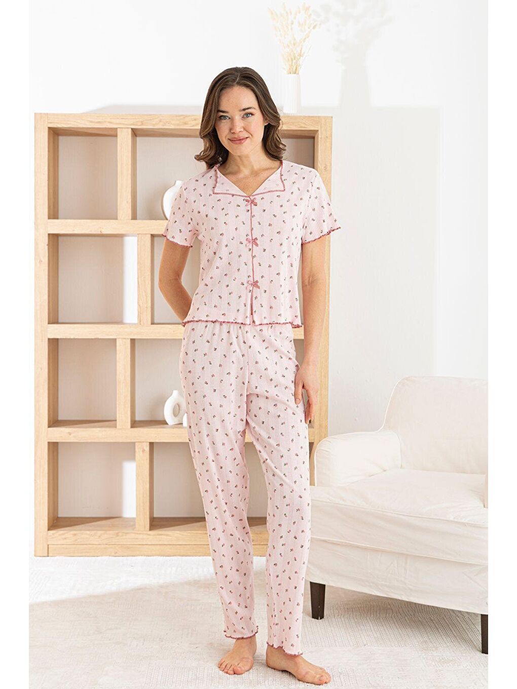Pembe Kadın %100 Pamuk Kurdele/Fiyonklu Kısa Kollu Fitilli Kaliteli Örme Pijama Takımı-1