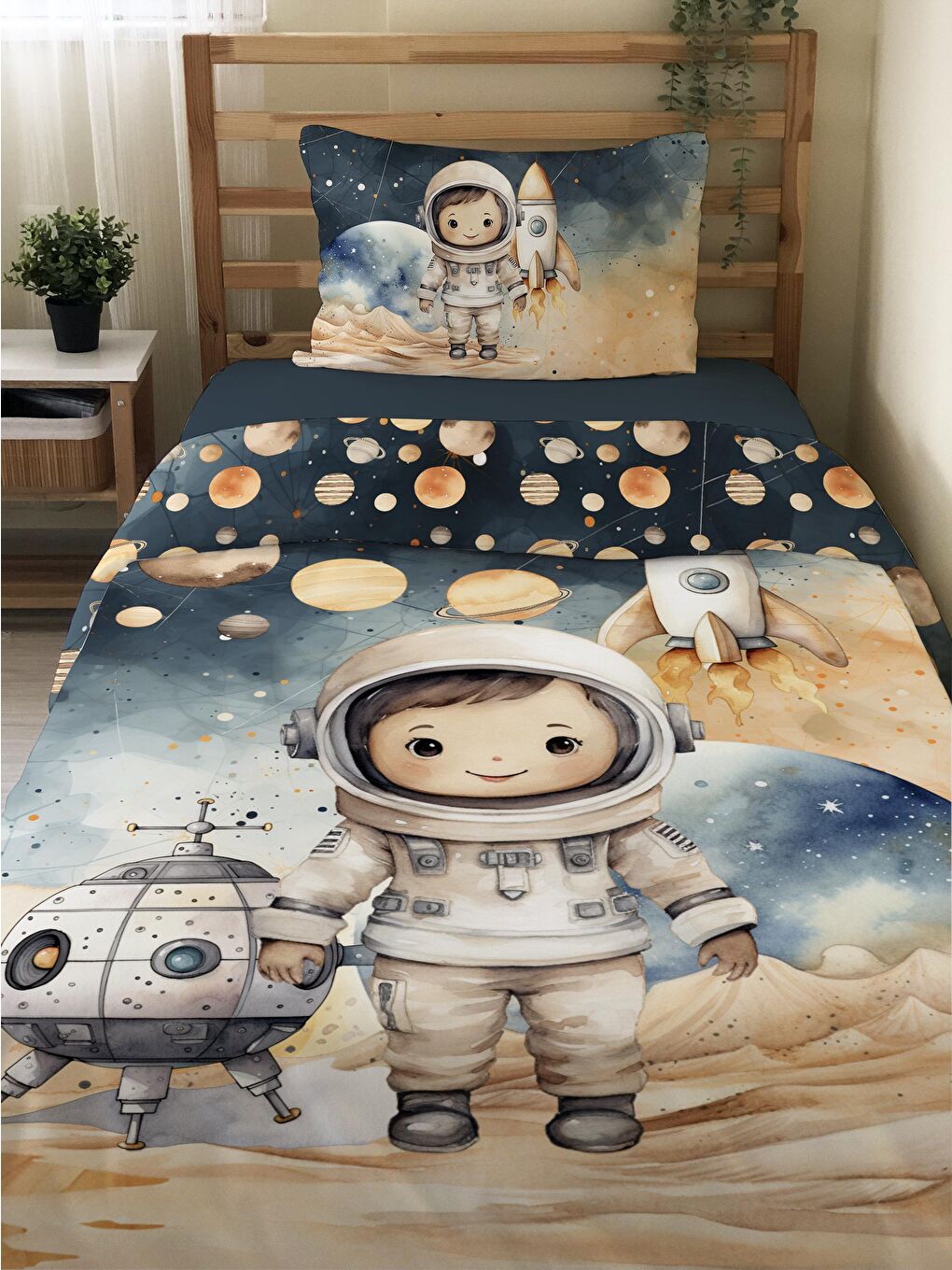 EVMİLA Karışık Astronot Desenli Çarşafsız 2'li Takım Baskılı Tek Kişilik Nevresim Takımı 160x220 cm