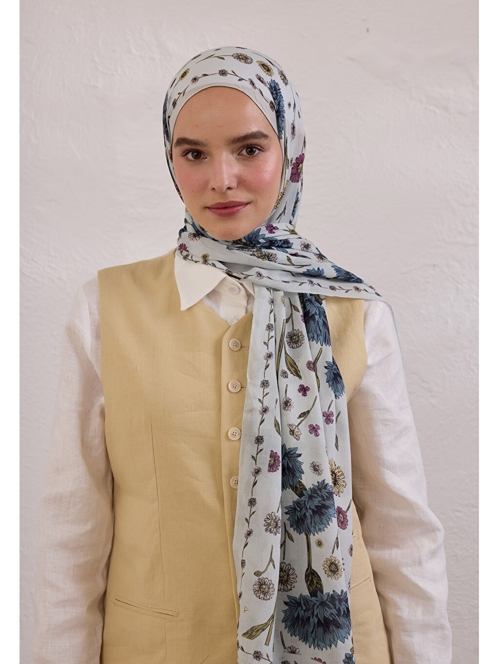 Bloomıng Dahlıa Desen Rami Şal Soft Mavi