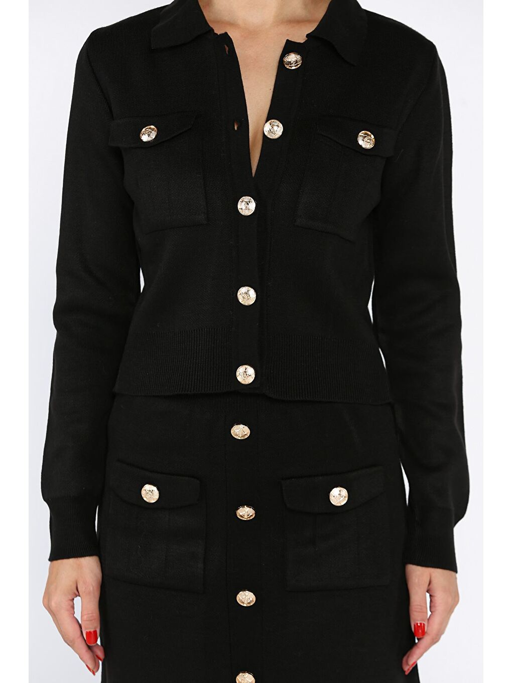 Siyah Düğme Detaylı Hırka Etek Triko İkili Takım-3