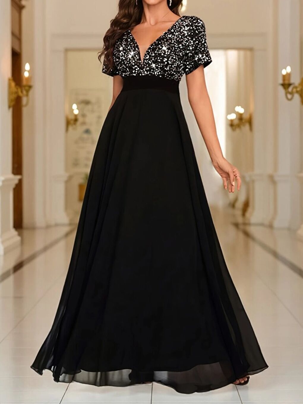 Siyah Kadın Kısa Kollu Derin V Yakalı A Kesim Pulpayet Detaylı şifon Nedime Elbisesi-3