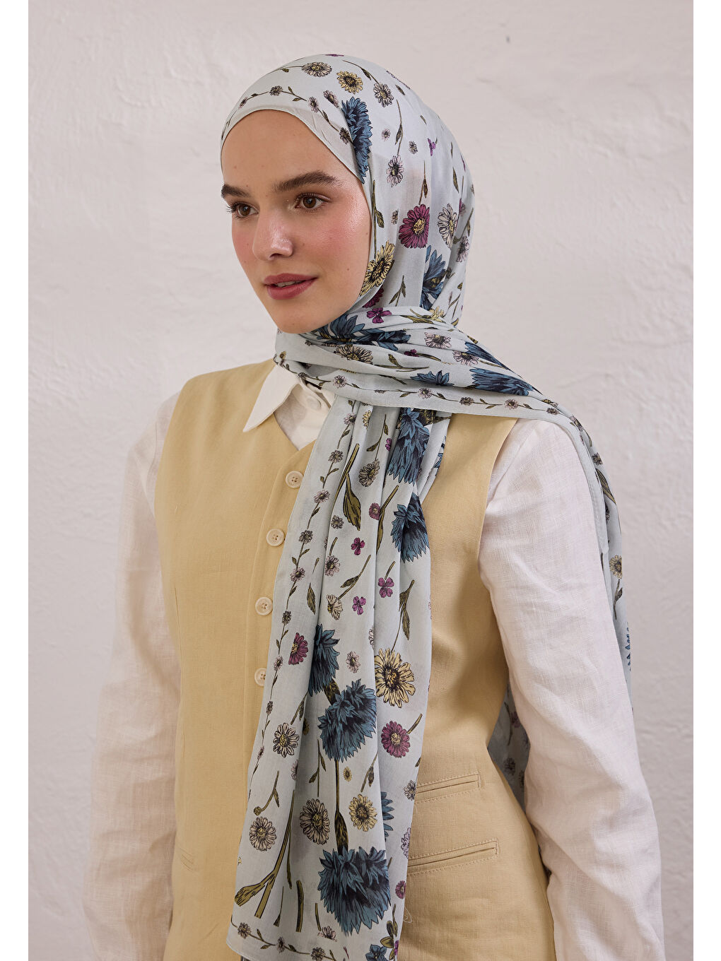 Bloomıng Dahlıa Desen Rami Şal Soft Mavi-1