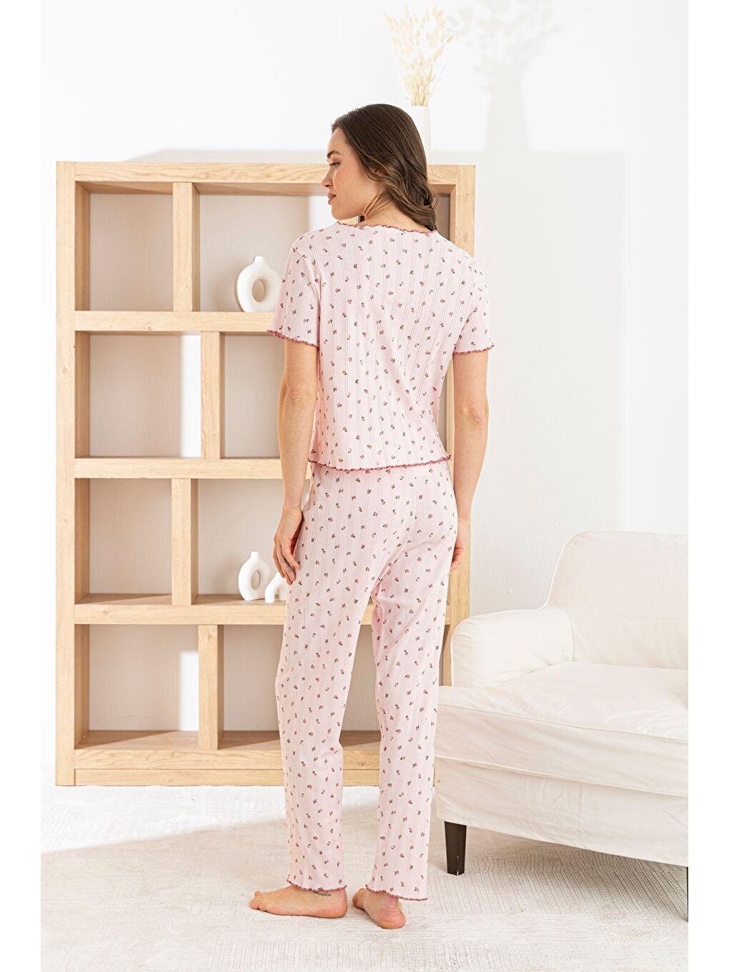 Pembe Kadın %100 Pamuk Kurdele/Fiyonklu Kısa Kollu Fitilli Kaliteli Örme Pijama Takımı-2