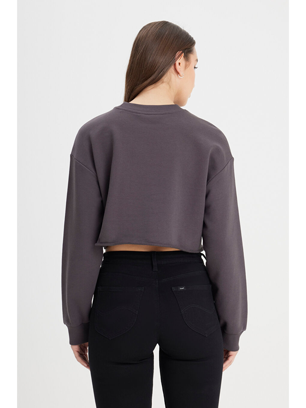 Bisiklet Yaka %100 Pamuk Siyah Crop Sweatshirt-5