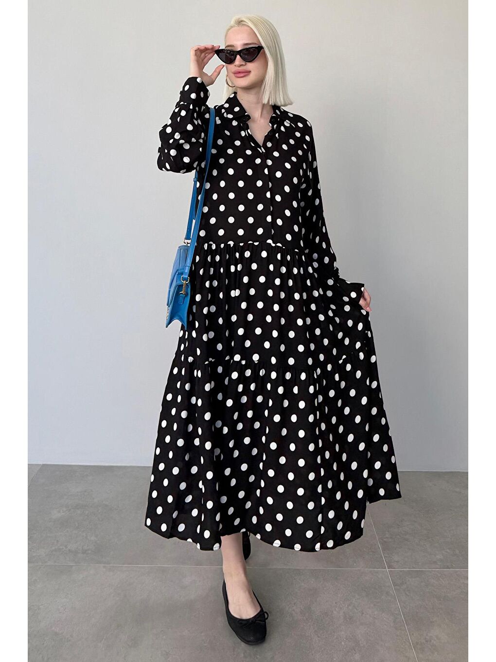 Siyah Uzun Kollu Düğmeli Desenli Elbise Mg2430-1