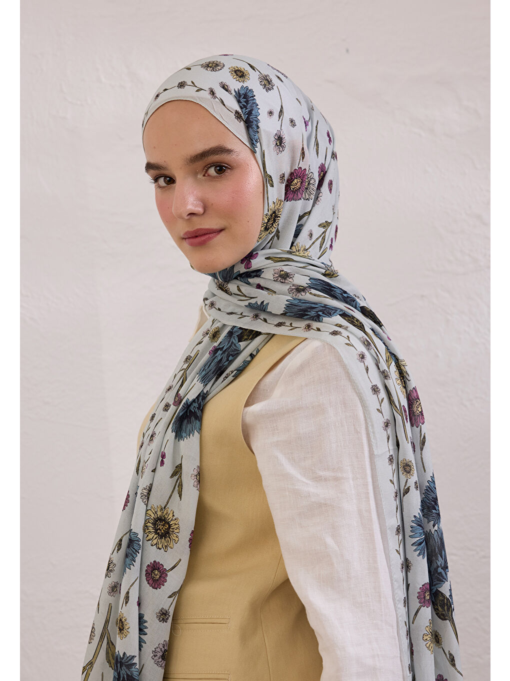 Bloomıng Dahlıa Desen Rami Şal Soft Mavi-2