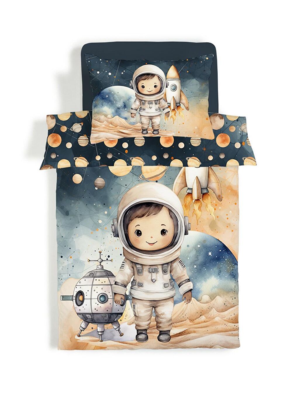 EVMİLA Karışık Astronot Desenli Çarşafsız 2'li Takım Baskılı Tek Kişilik Nevresim Takımı 160x220 cm - 1