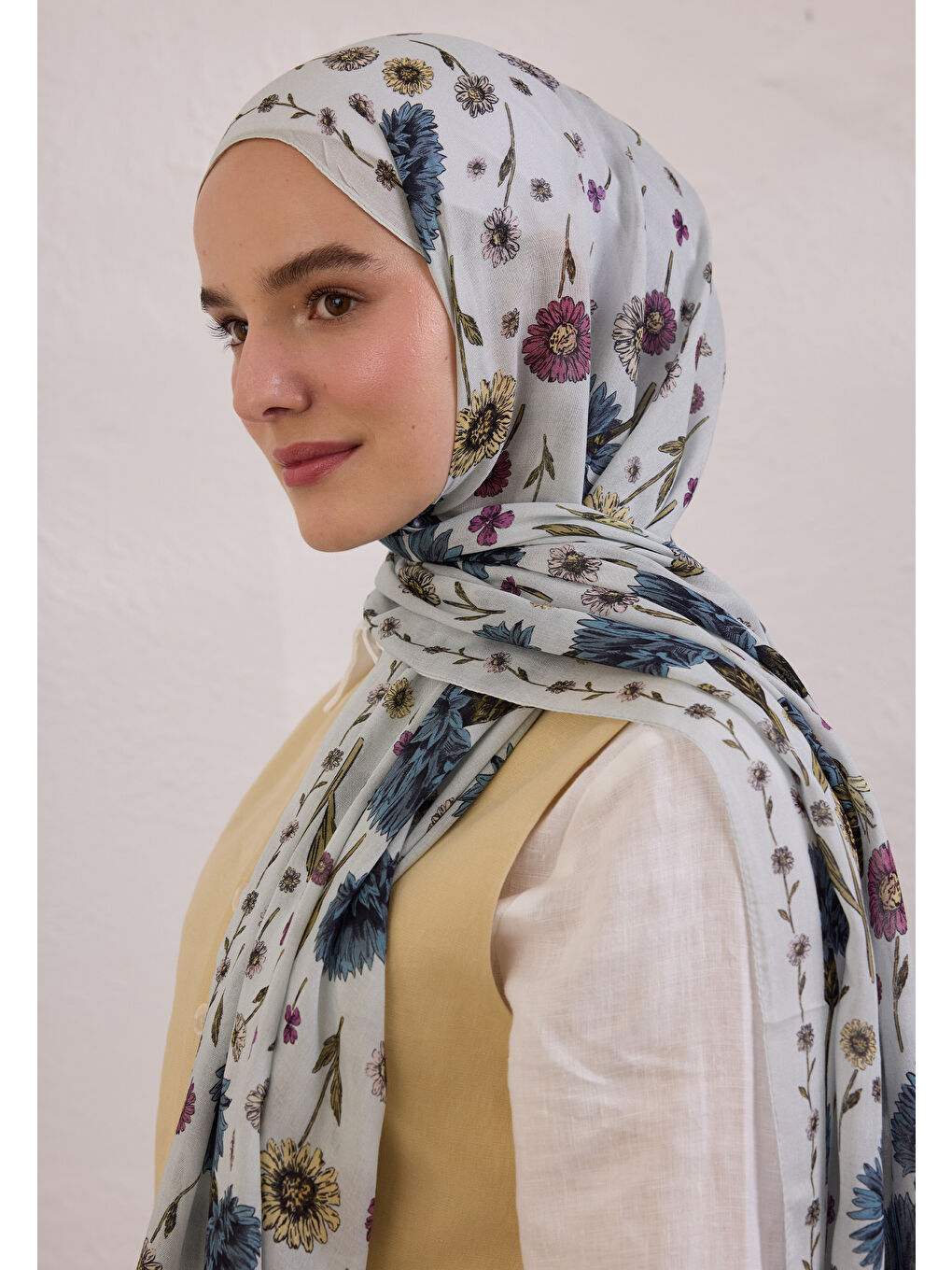 Bloomıng Dahlıa Desen Rami Şal Soft Mavi-3